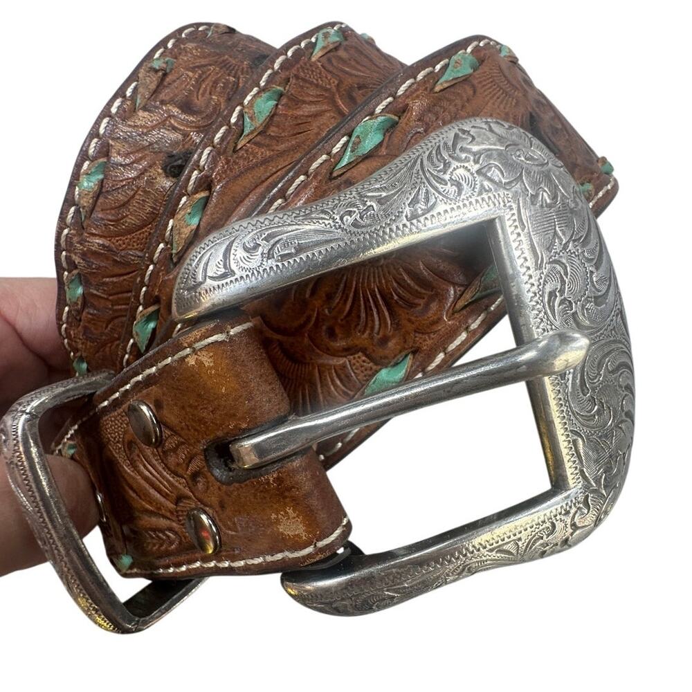 Nocona Floral Tooled Leather Belt Turquoise Inlay Western Size L